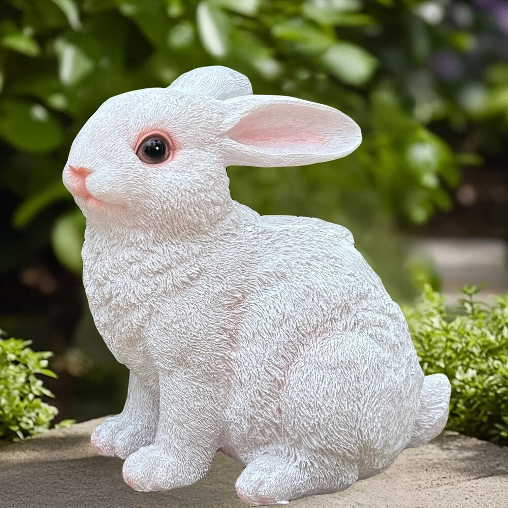 3605 White Resin Solar Powered Rabbit Garden Statue - Outdoor Solar Light